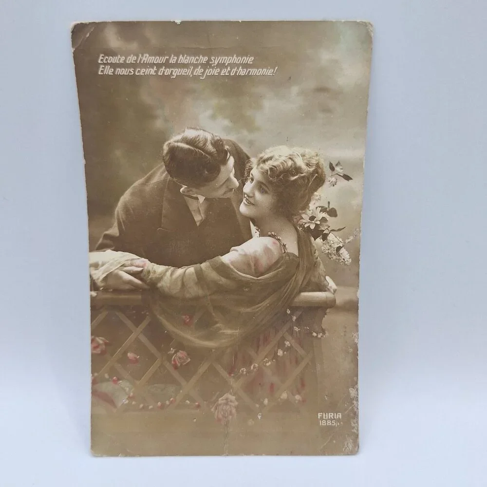 Antique French Lovers Postcard Romantic‎ Scene Listen To Love Poem 1885 Elegant